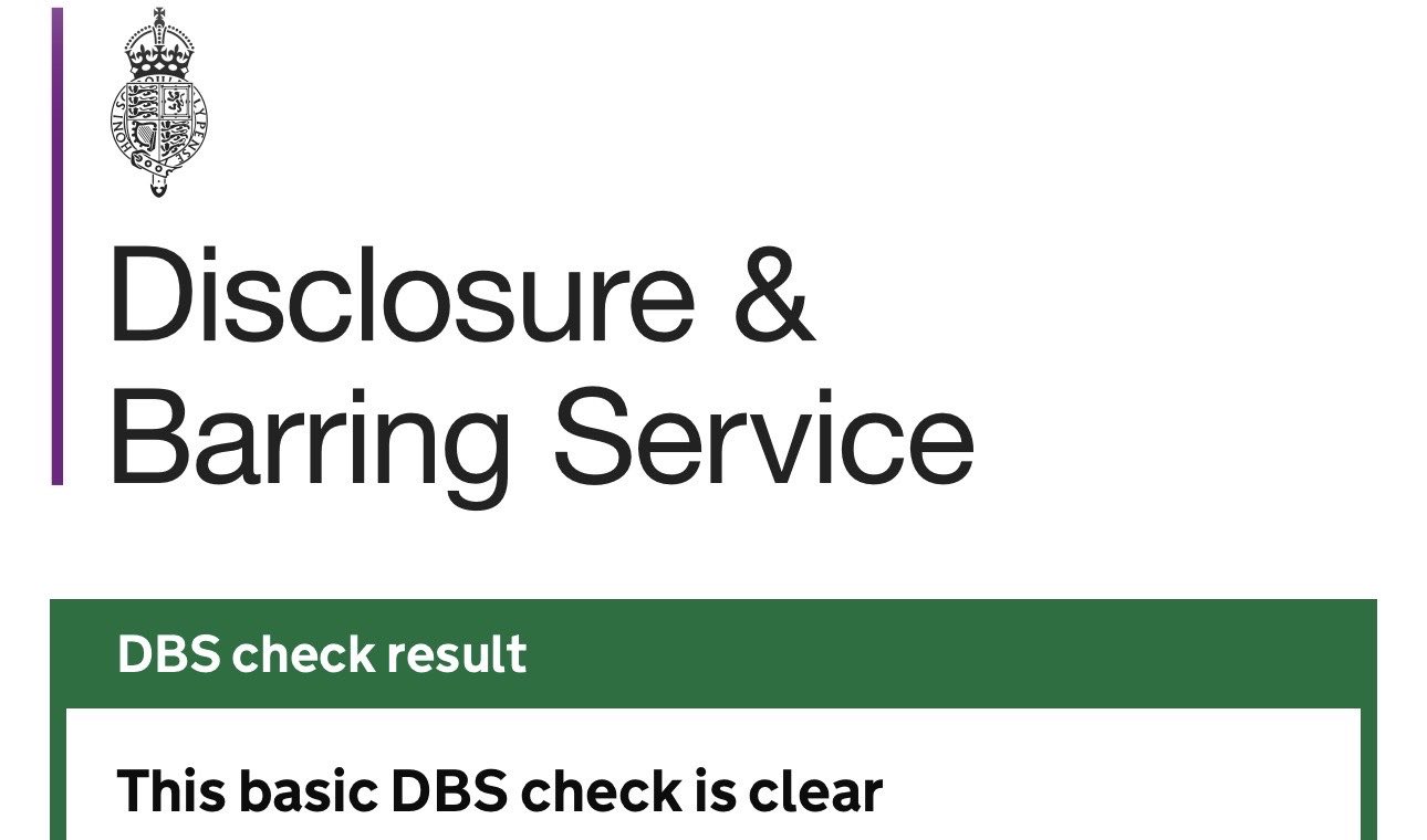 Disclosure and Barring Service result confirming Nathan's Basic DBS check is clear